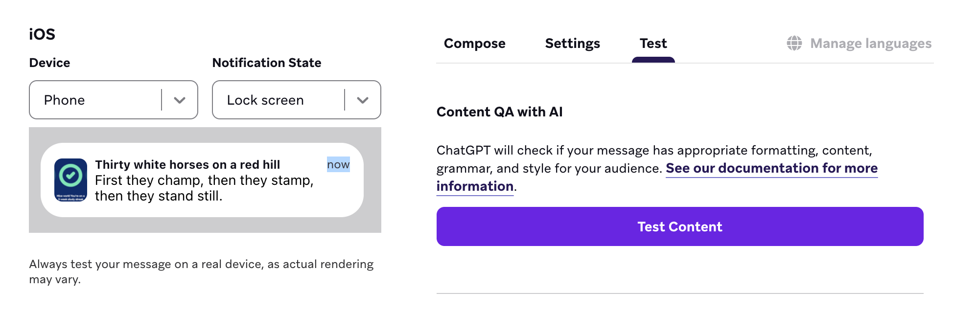 Content QA with AI section of the Test tab.