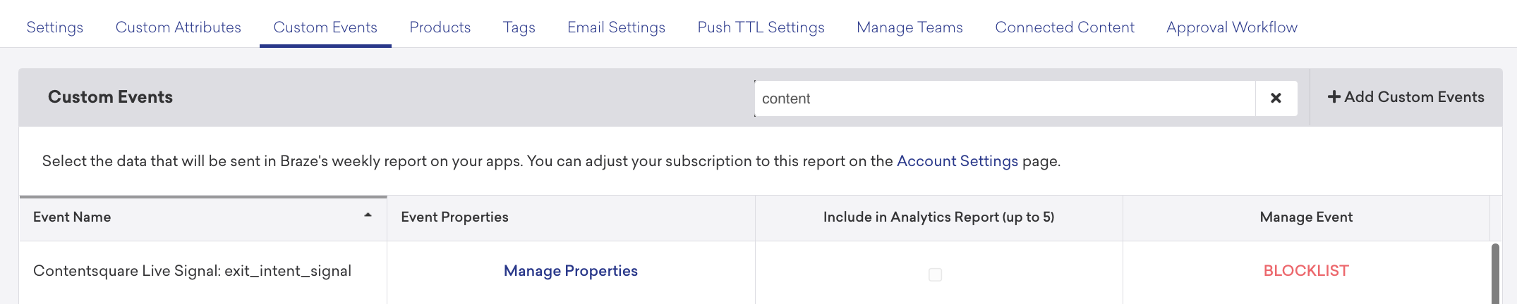 Contentsquare Live Signals data in Braze Custom Events tab