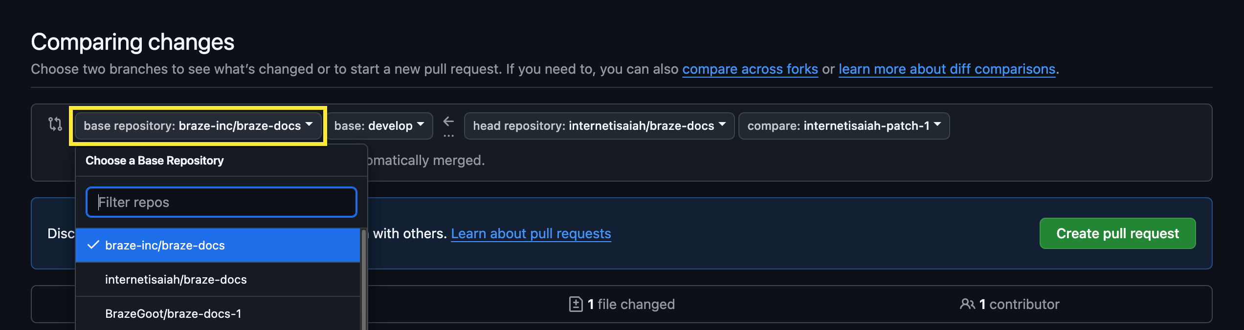 The 'Choose a Base Repository' dropdown in GitHub after selecting 'compare across forks'.