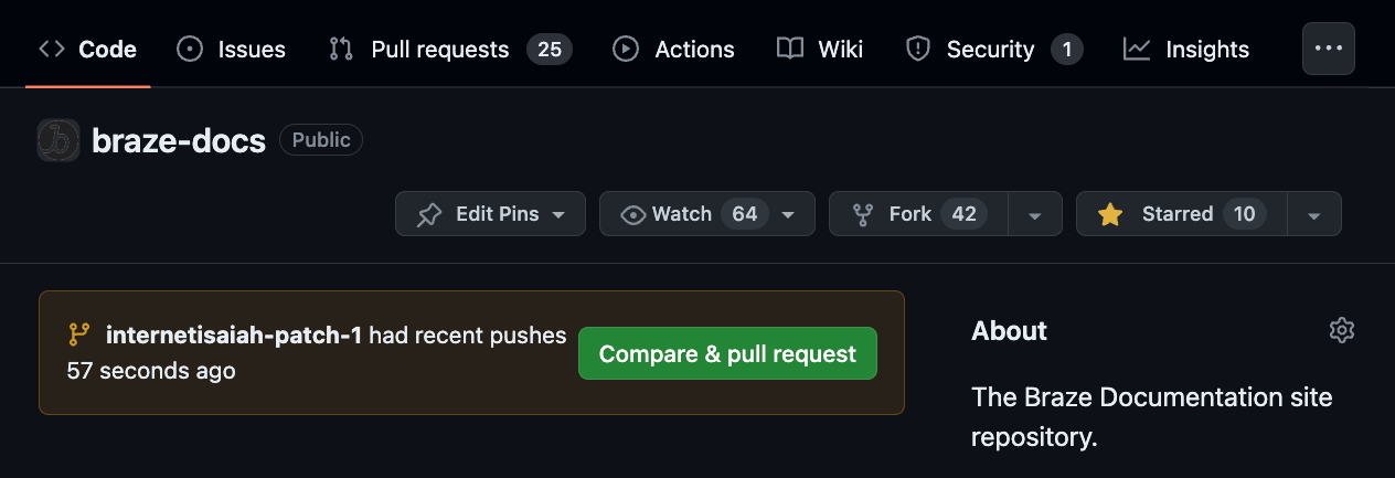The Braze Docs GitHub repository homepage showing "Open pull request".