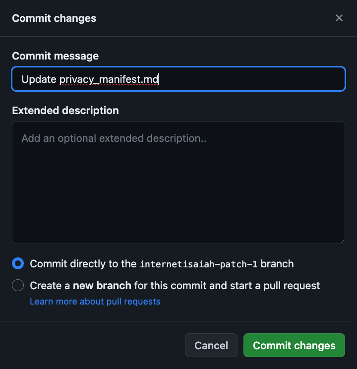 The "Commit changes" option after choosing "Commit directly to BRANCH_NAME branch.