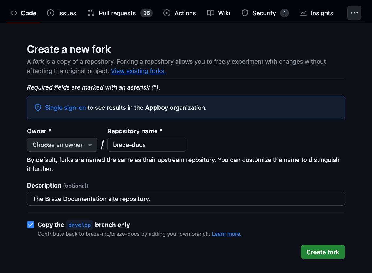 The Braze Docs GitHub repository showing "Create fork".