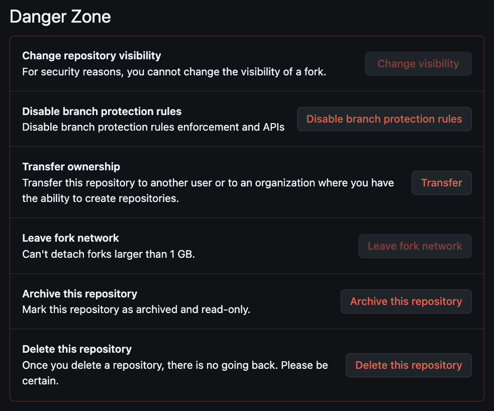The list of options found in a GitHub repository's "Danger Zone".