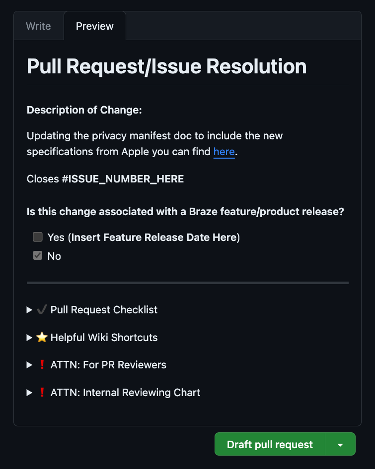The Braze Docs GitHub repository showing "Draft pull request".