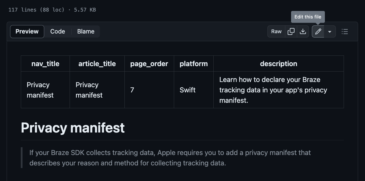 An example page on Braze Docs showing "Edit this file".