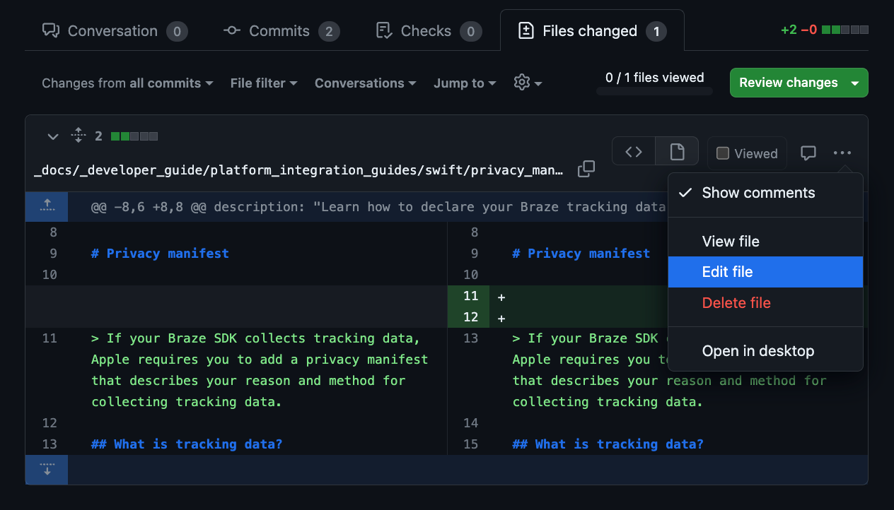 The "Files changed" section in an example pull request showing "Edit file".