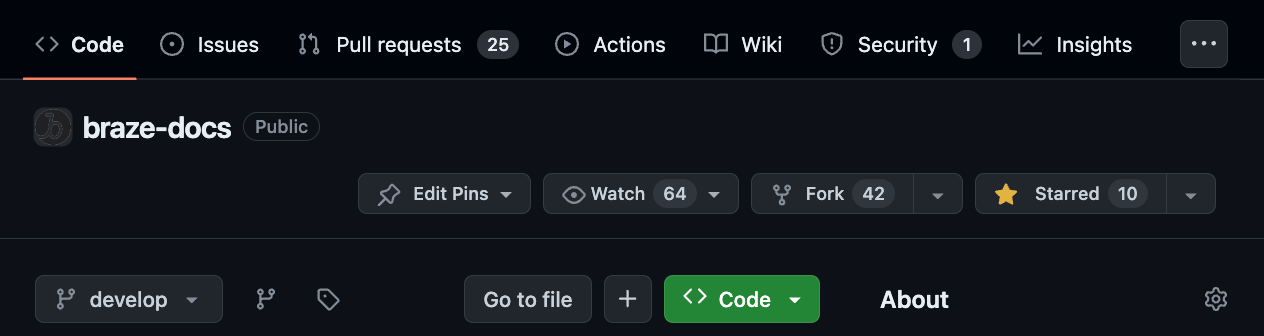 The Braze Docs GitHub repository showing "Fork".