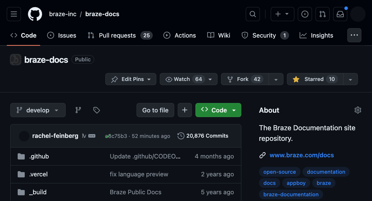 The Braze Docs GitHub repository homepage.