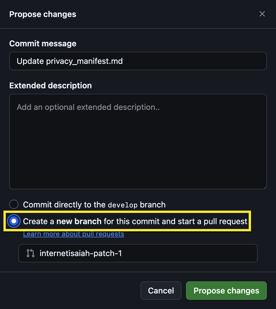 The "Propose changes" window after selecting "Commit changes" in GitHub.