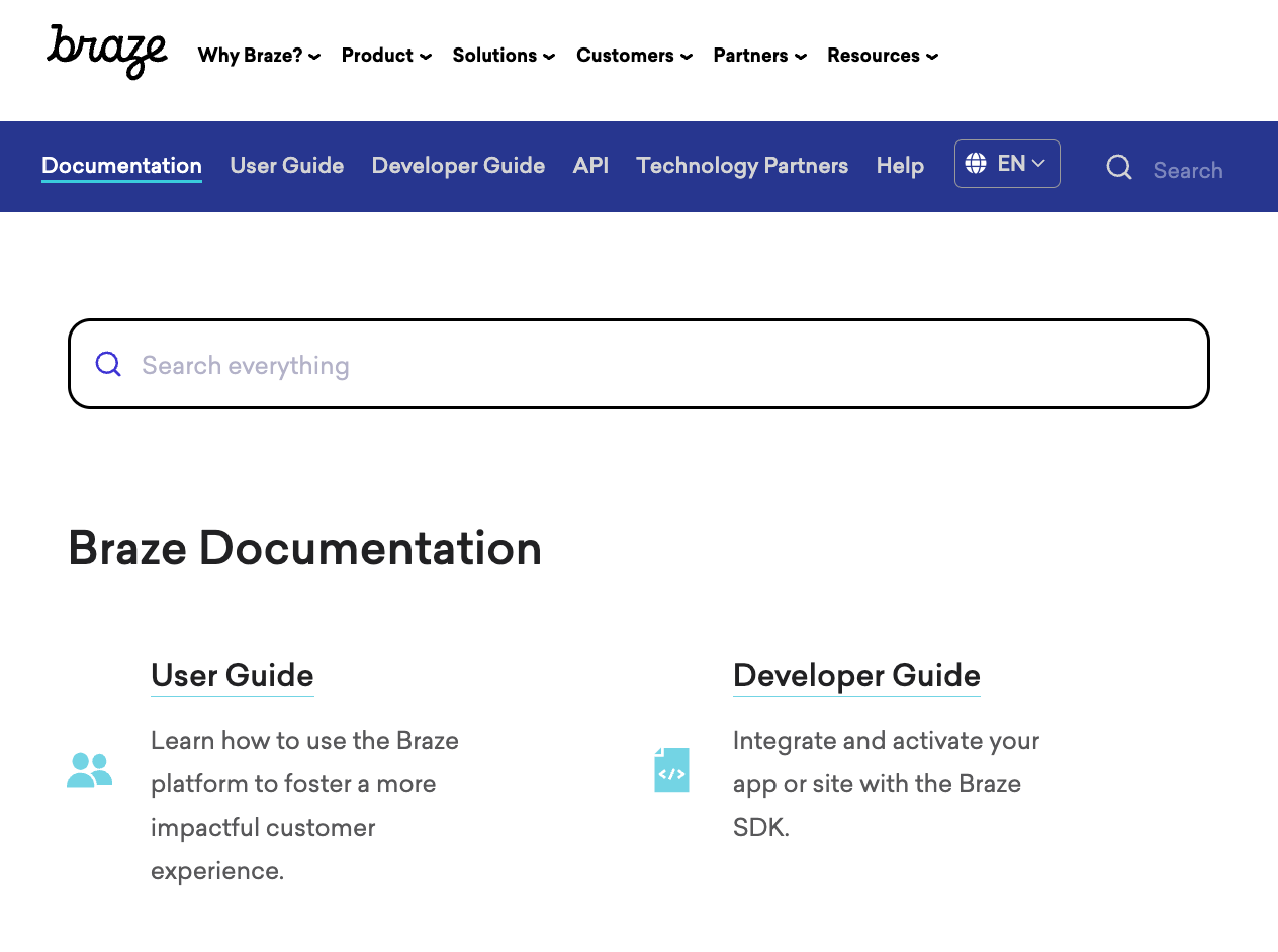 The home page for Braze Docs.
