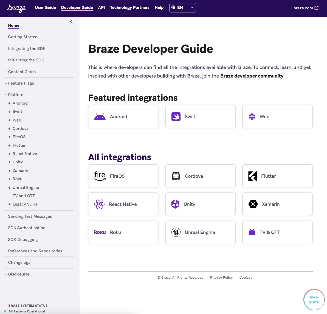 An example of the 'Platforms' section being forced to auto-expand in the Braze Developer Guide.