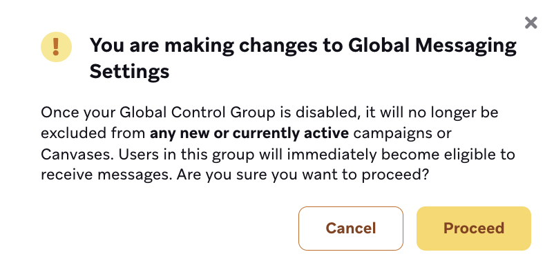 A dialog box titled "You are making changes to Global Messaging Settings" with text warning that once your Global Control Group is disabled, it will no longer be excluded from any new or active campaigns or Canvases.
