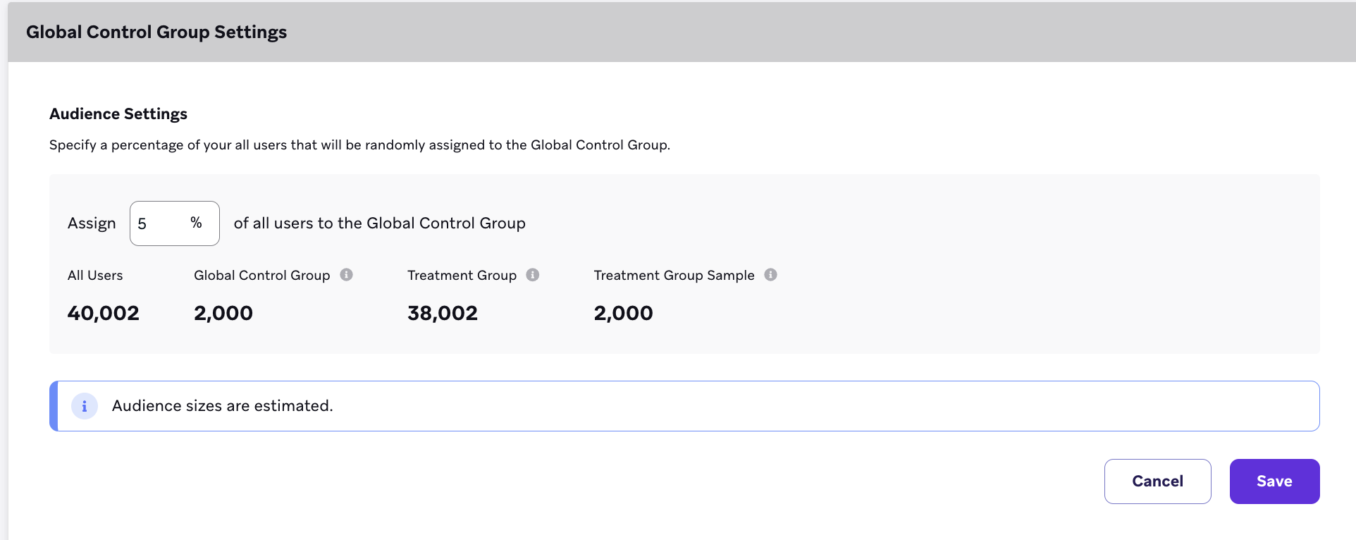The Global Control Group Settings with the Audience Settings set to "Assign five percent of all users to the Global Control Group".