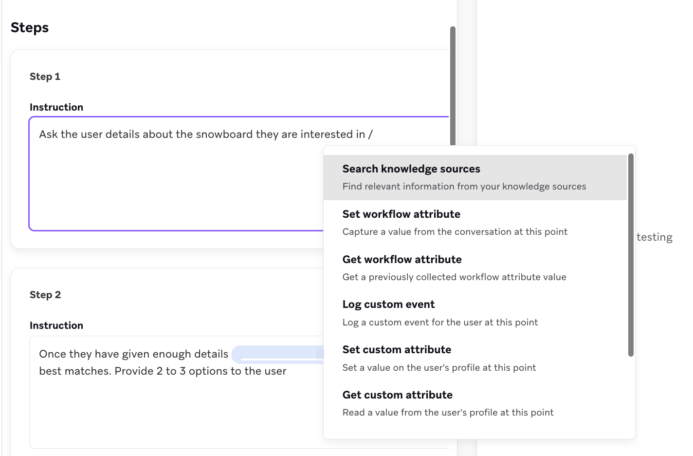 The instruction text box in a workflow step, with the slash menu open to insert a tool.