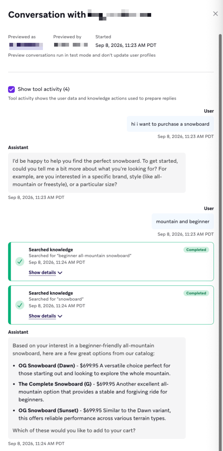 The Conversation history page, showing a user conversation and the agent's tool calls.