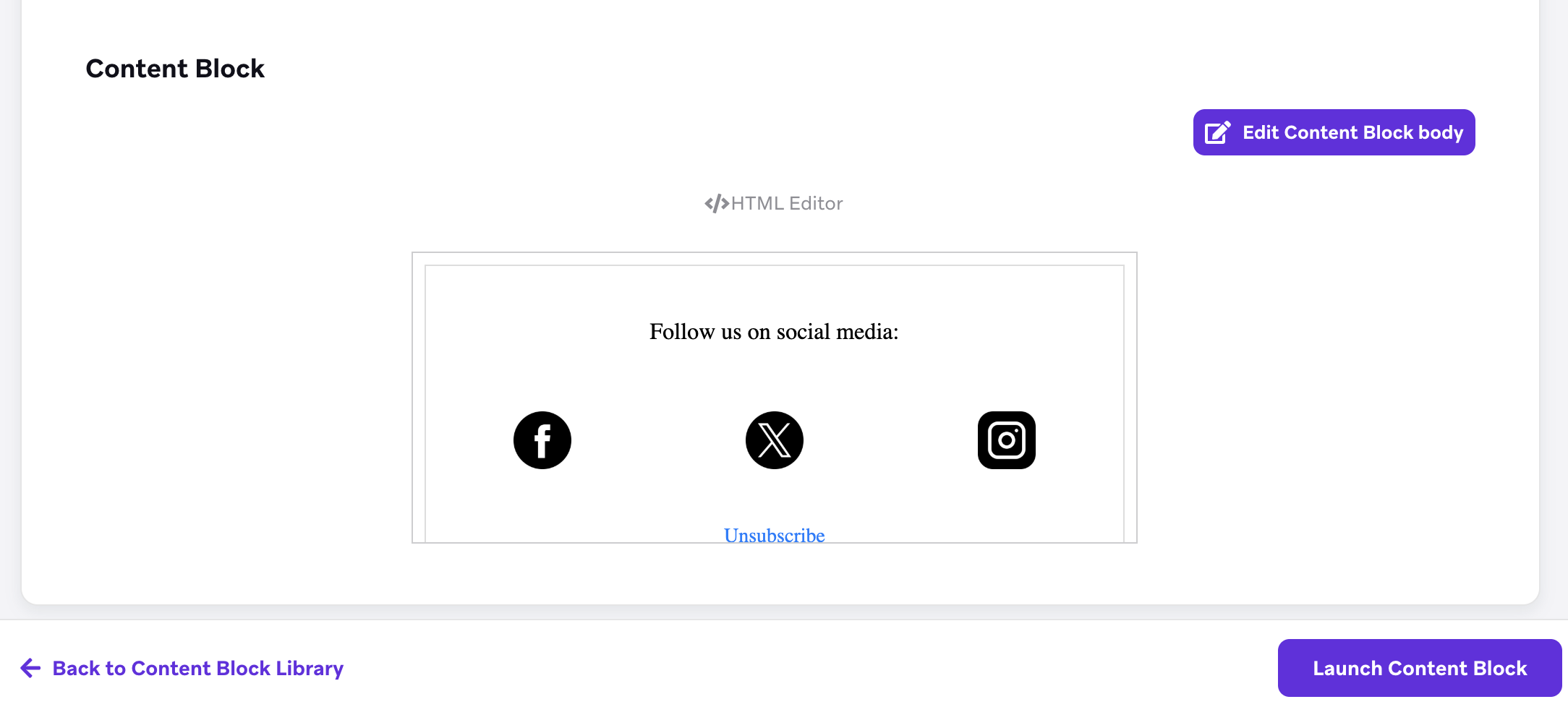 A Content Block that reads "Welcome to our newsletter".