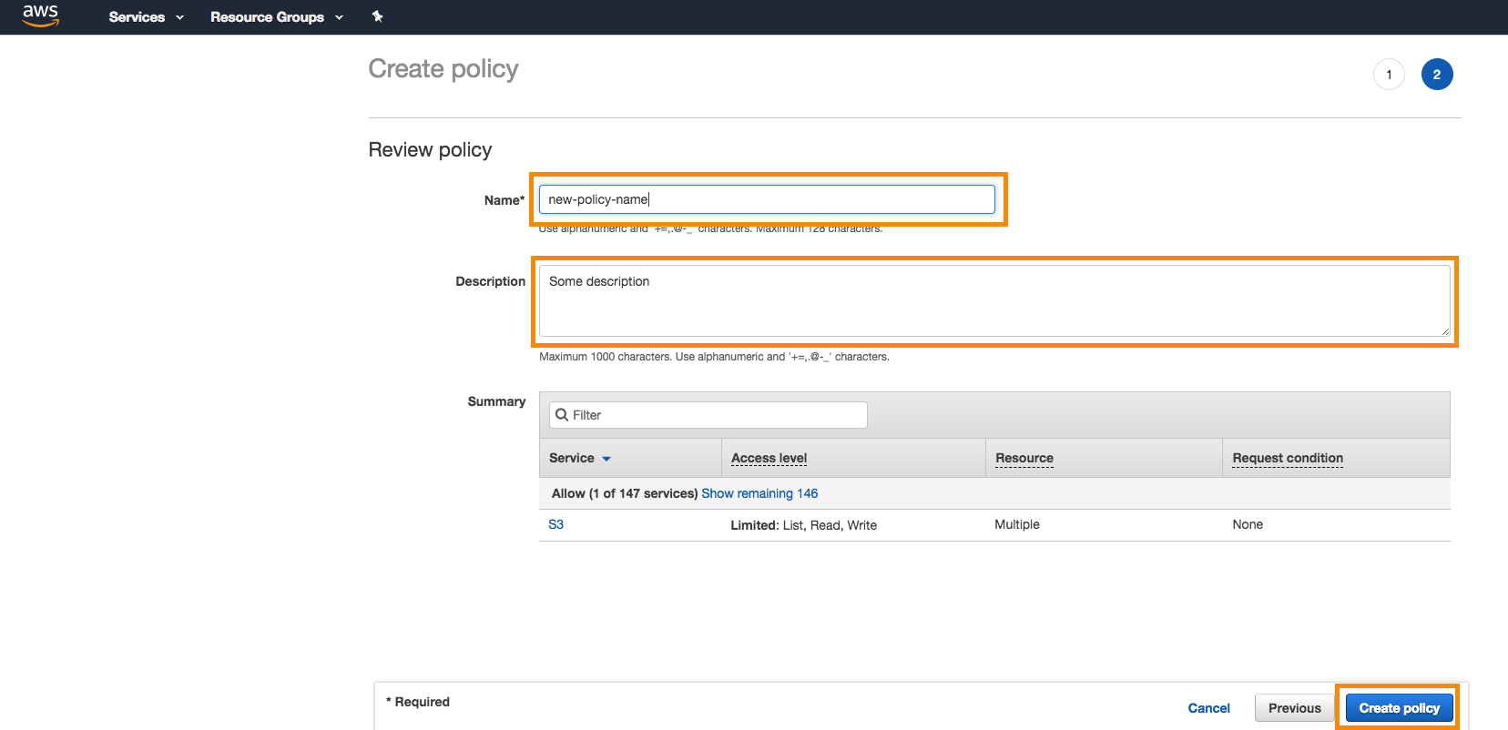 An example policy named "new-policy-name."