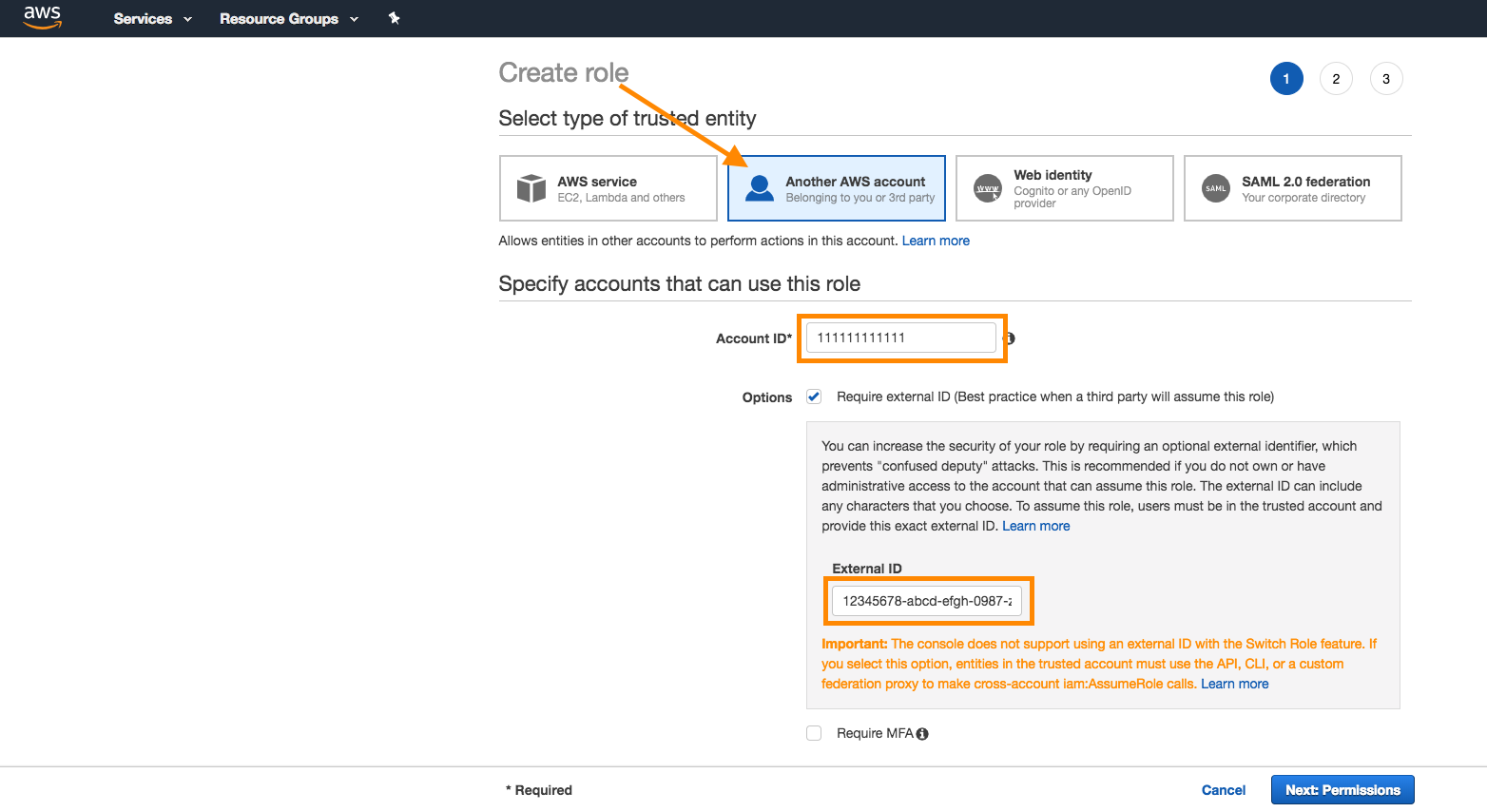 The S3 "Create Role" page. This page has fields for role name, role description, trusted entities, policies, and permissions boundary.