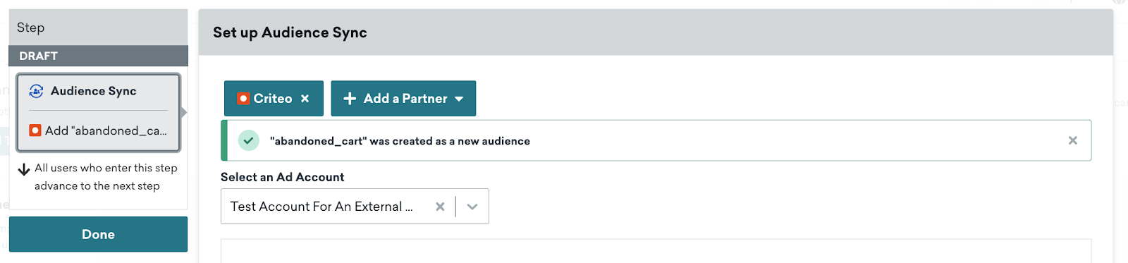 An alert that appears after a new audience is created in the Canvas component.