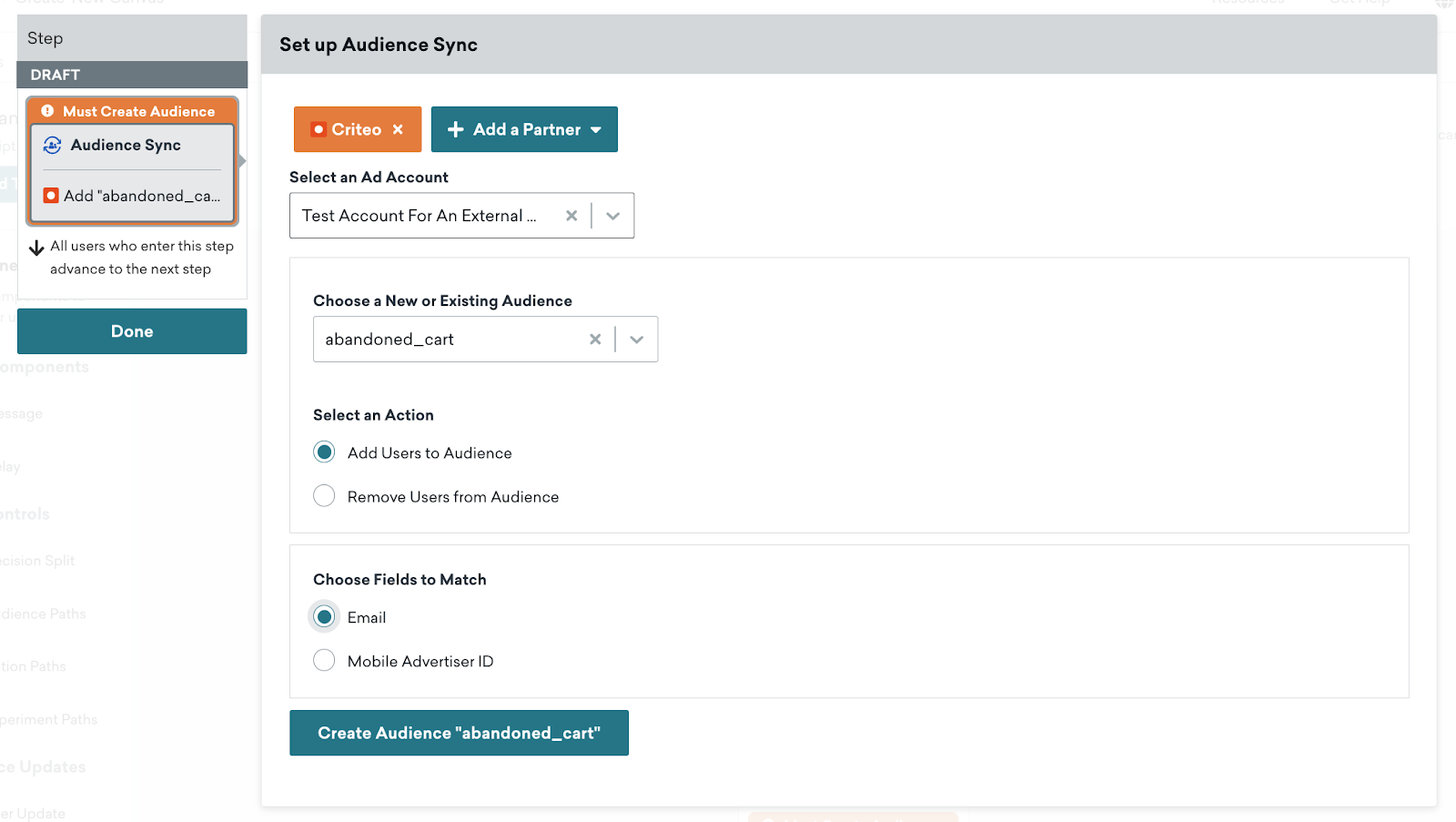 Expanded view of the Custom Audience Canvas step. Here, the desired Ad account is selected, and a new audience is created.