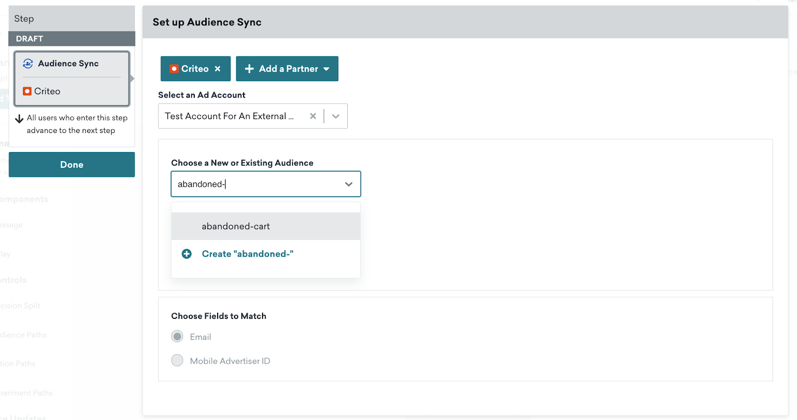 Expanded view of the Custom Audience Canvas step. Here, the desired Ad account and existing audience are selected.