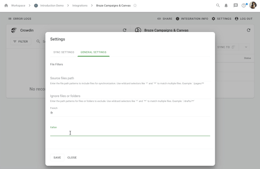 Settings modal on the General Settings tab, showing file filter fields and language mapping rows (for example, French mapped to fr).