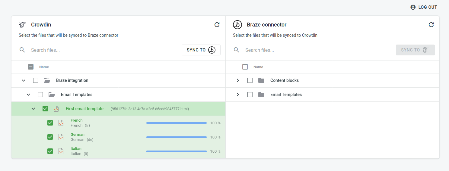 An image of a user selecting their translation files and syncing them to Braze.