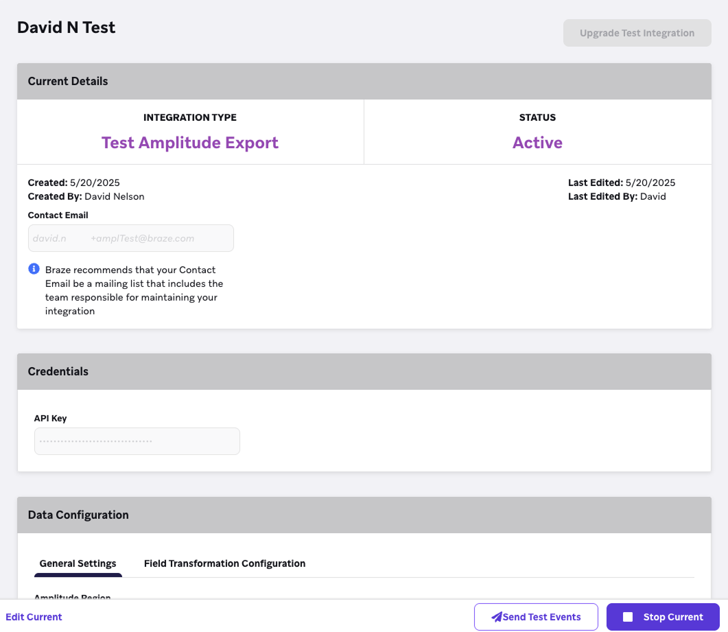 The "Currents Test" page in the Braze dashboard.