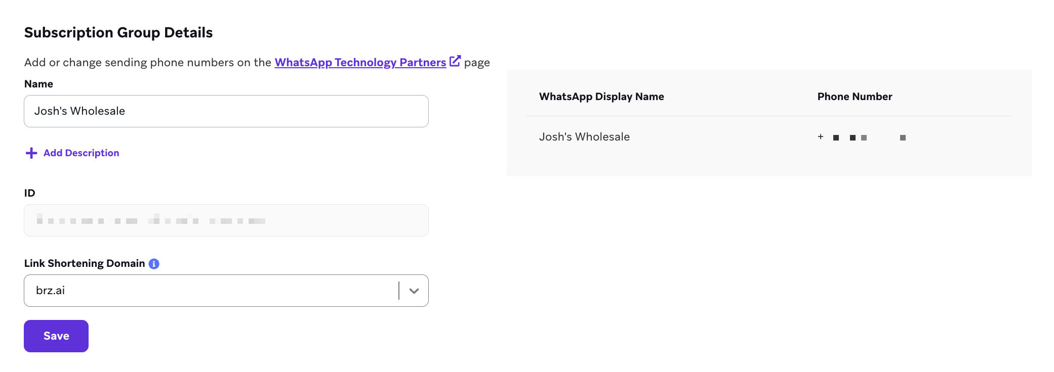 Subscription groups settings that allow you to select a link-shortening domain.