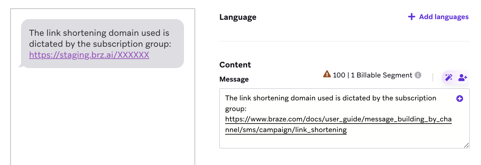 SMS message composer preview with a shortened link domain that is different from the domain in the "Message" box.