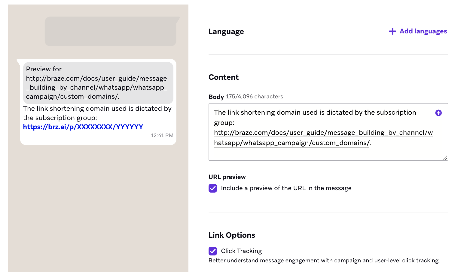 WhatsApp message composer preview with a shortened link domain that is different from the domain in the "Message" box.