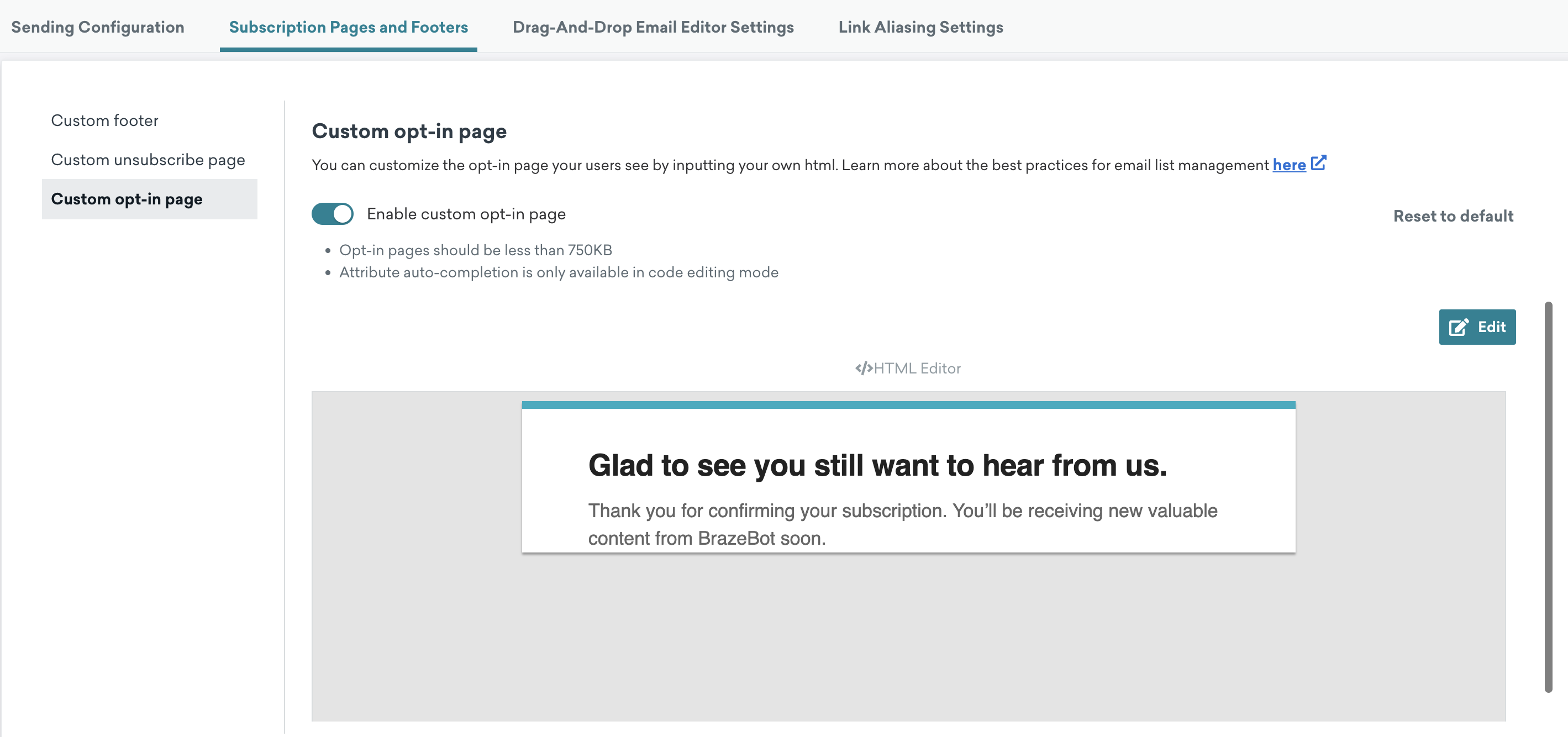 Custom unsubscribe email in the Custom Unsubscribe Page panel.
