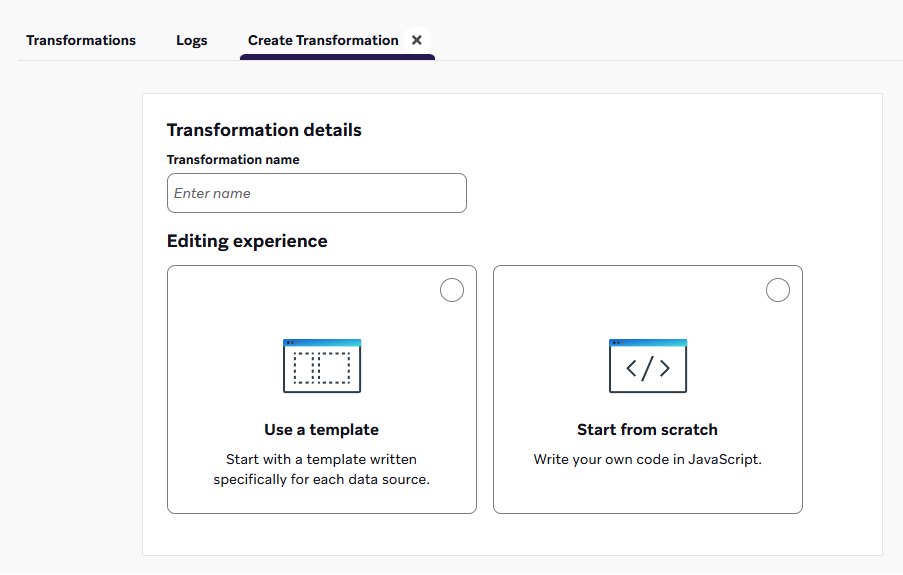 Transformation details with the option to choose "Use a template" or "Start from scratch" for your editing experience.