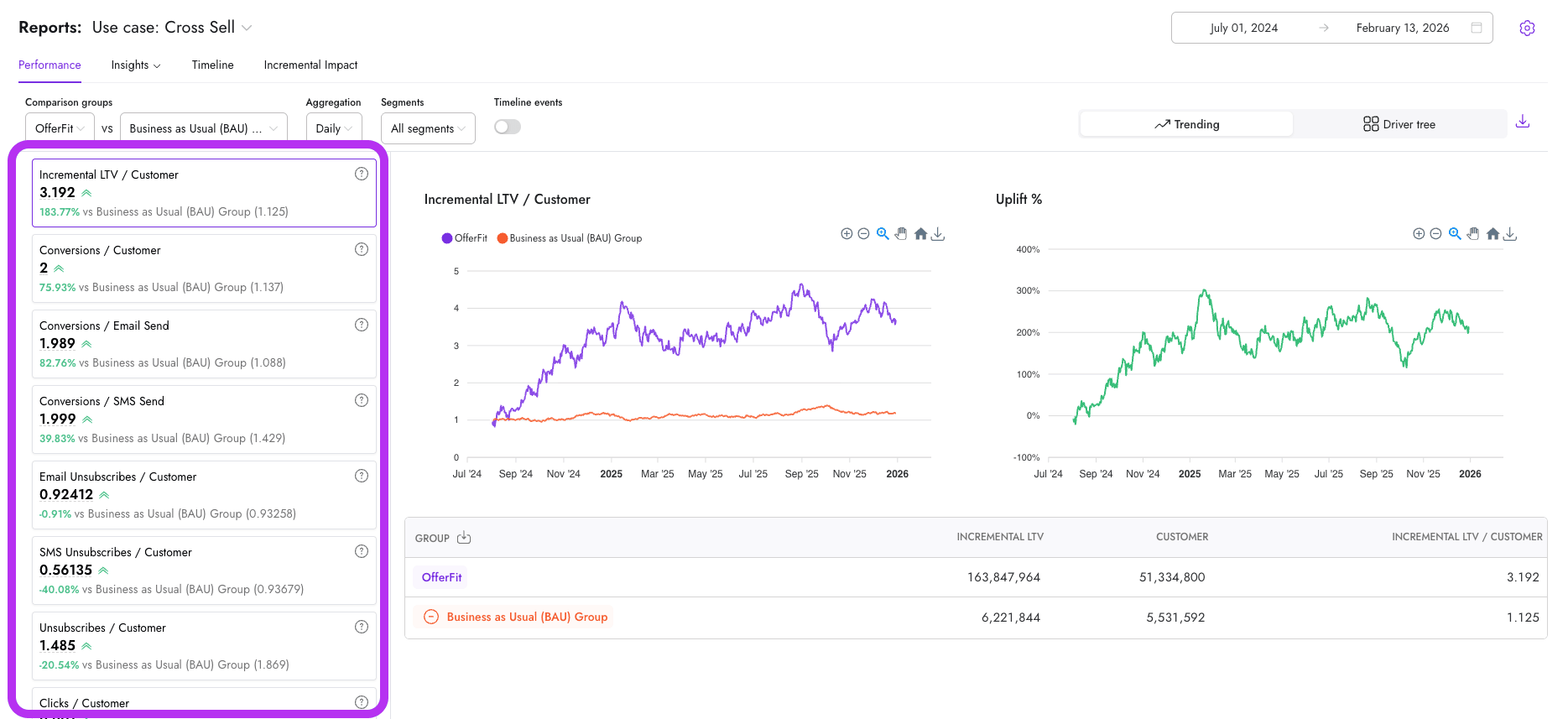 Performance report showing the left-side KPI summary cards, including metrics like Incremental LTV / Customer, Conversions / Customer, and Unsubscribes / Customer.