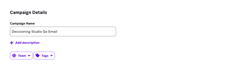 An API campaign named "Decisioning Studio Go Email".