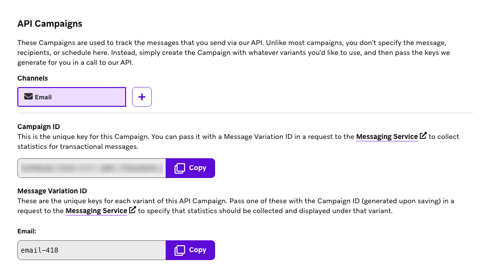 An example message variation ID to be copy and pasted.
