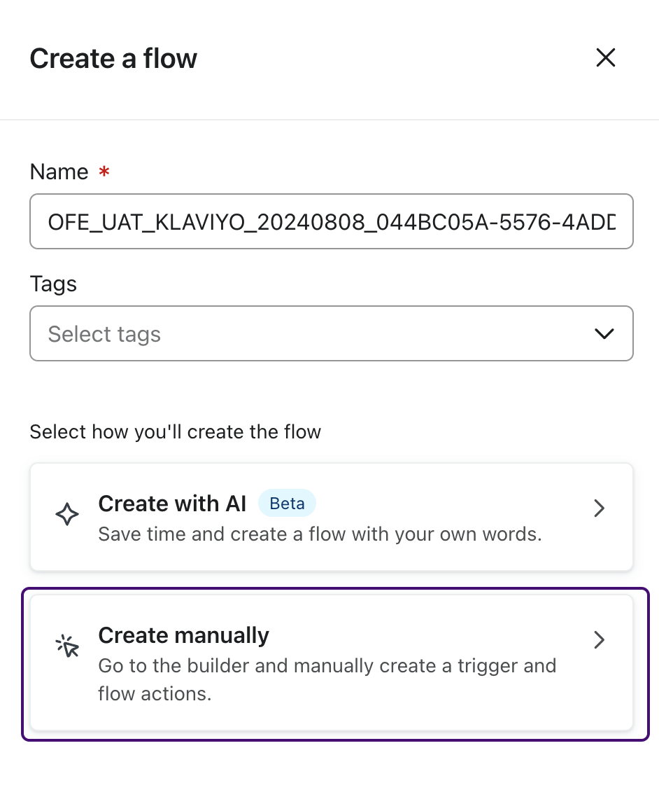 The option "Create manually" selected for an example flow.