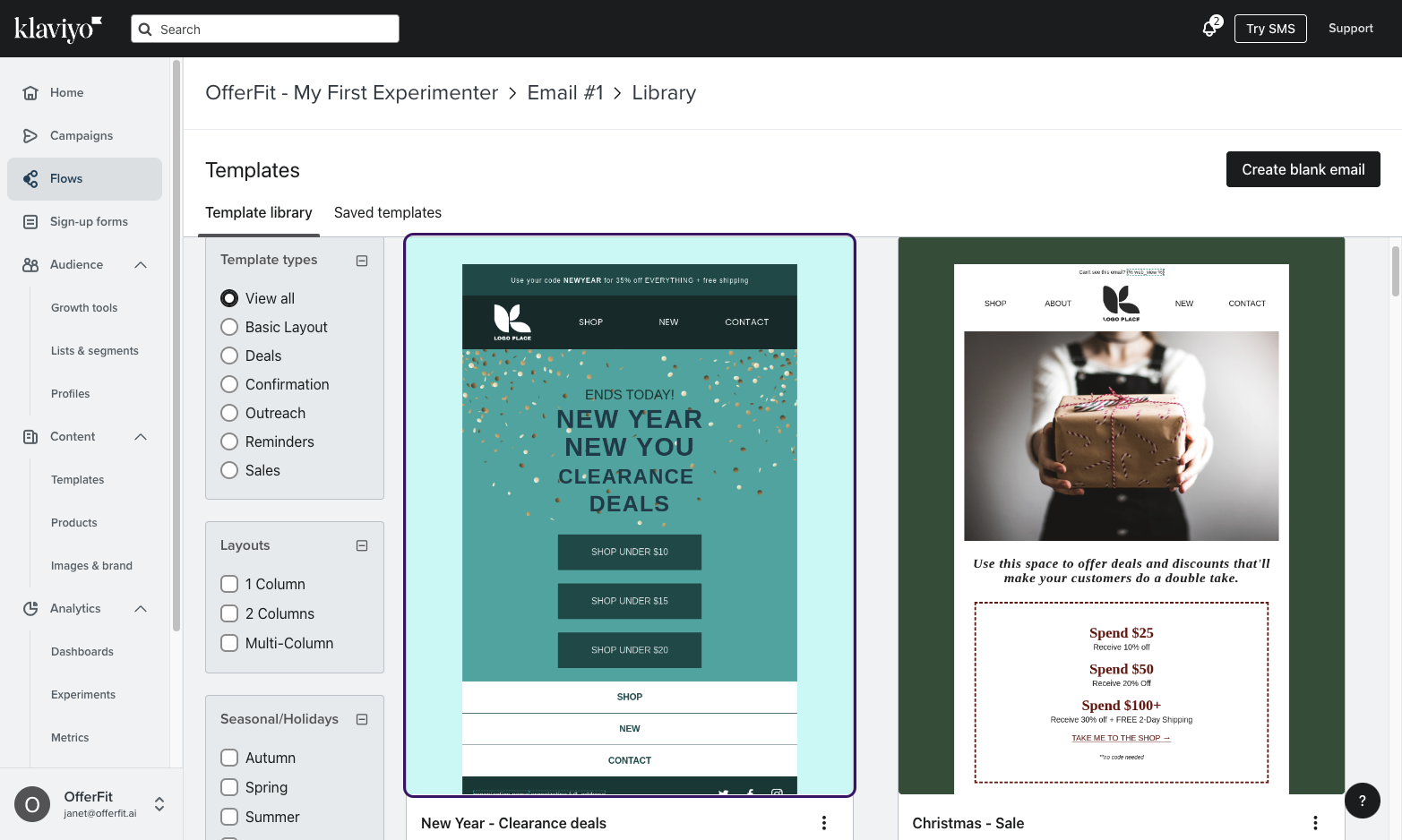 An example base template in Klaviyo.