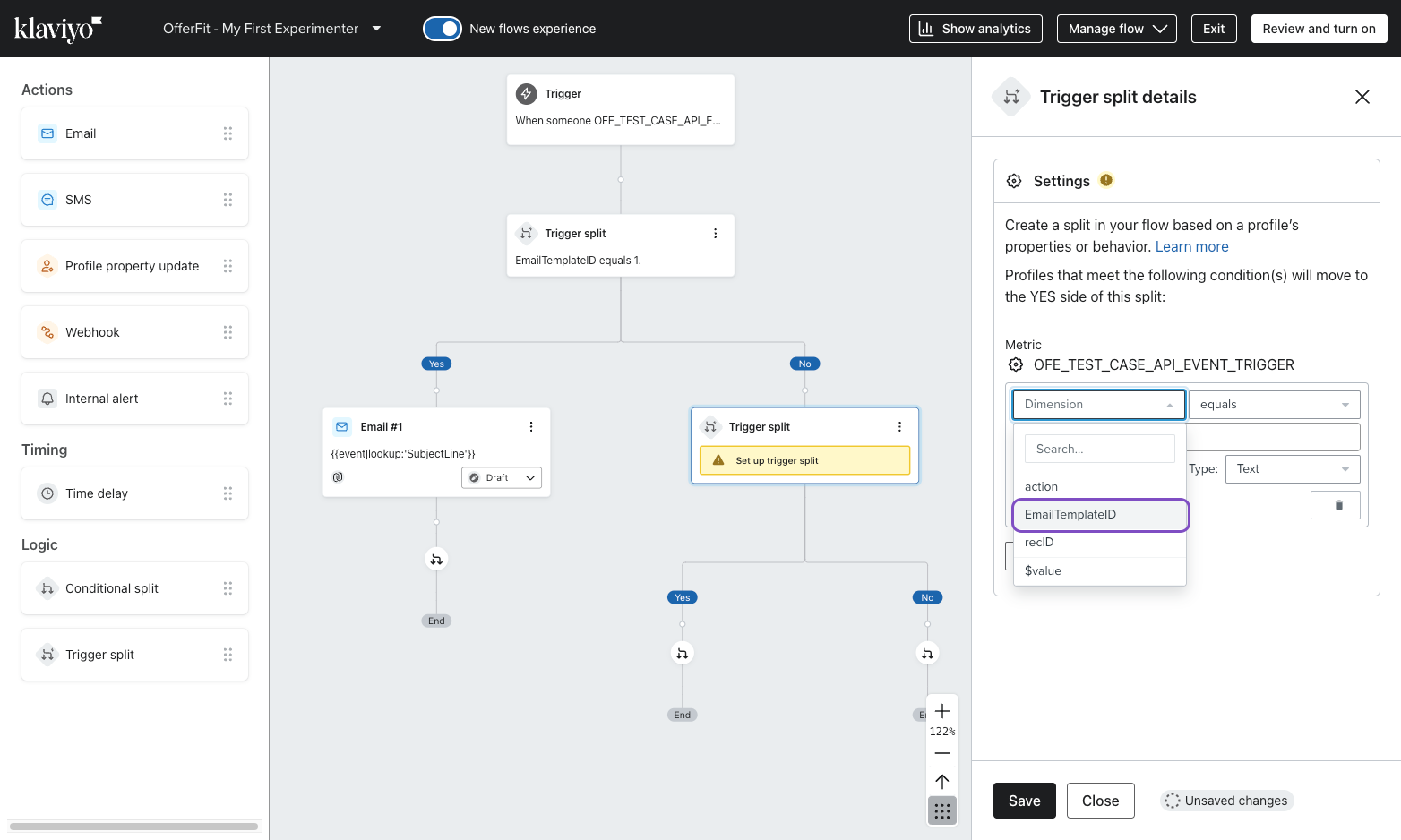 Diagram of a Klaviyo flow editor showing a Trigger node leading into a Trigger split. The Trigger split has a Yes branch that leads to an Email node and a No branch that connects to another Trigger split which leads to additional Email nodes.