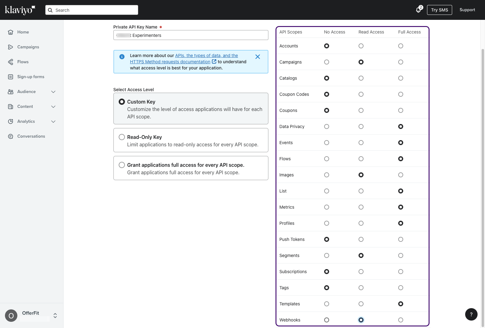 A Klaviyo API key with selected permissions.