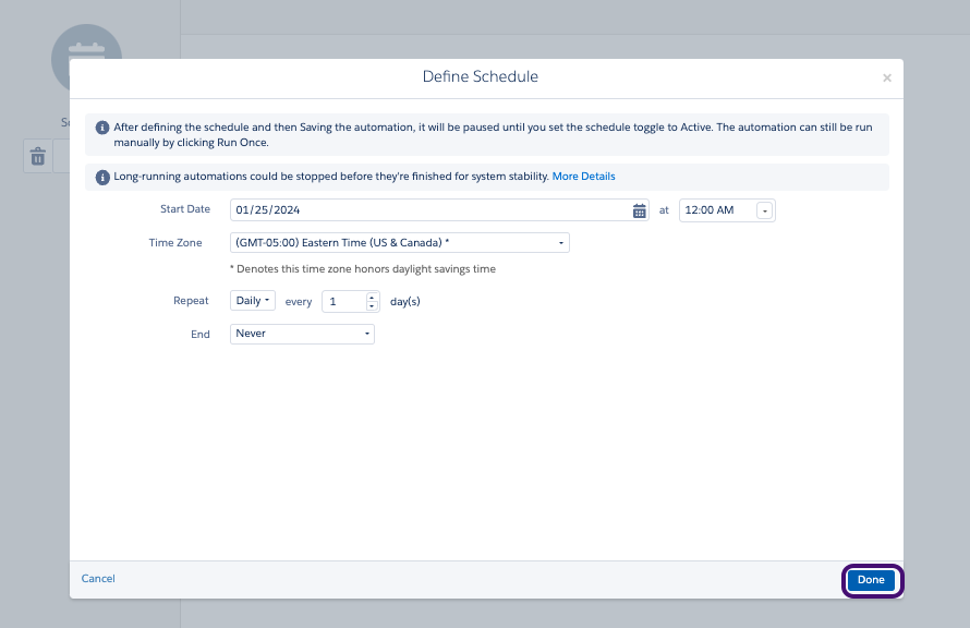 An example schedule defined for January 25, 2024 at 12 am ET, to repeat every day.