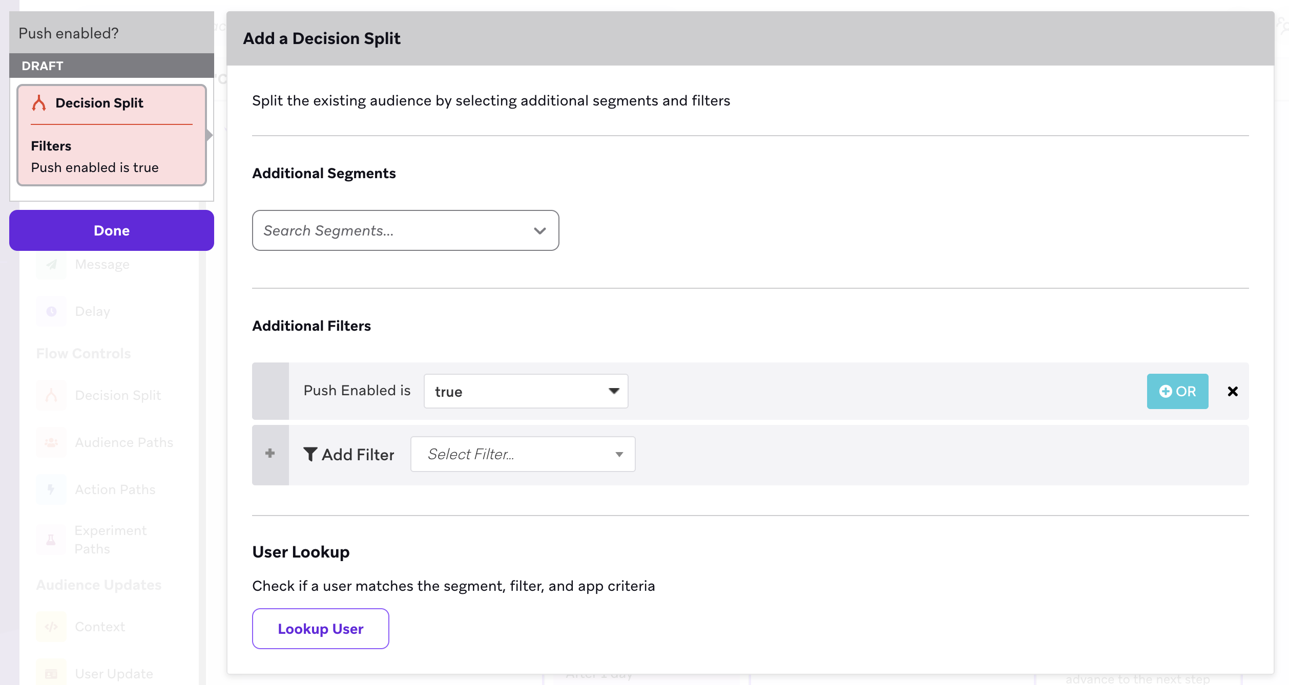 A Decision Split step with the filter "Push Enabled is true" selected.