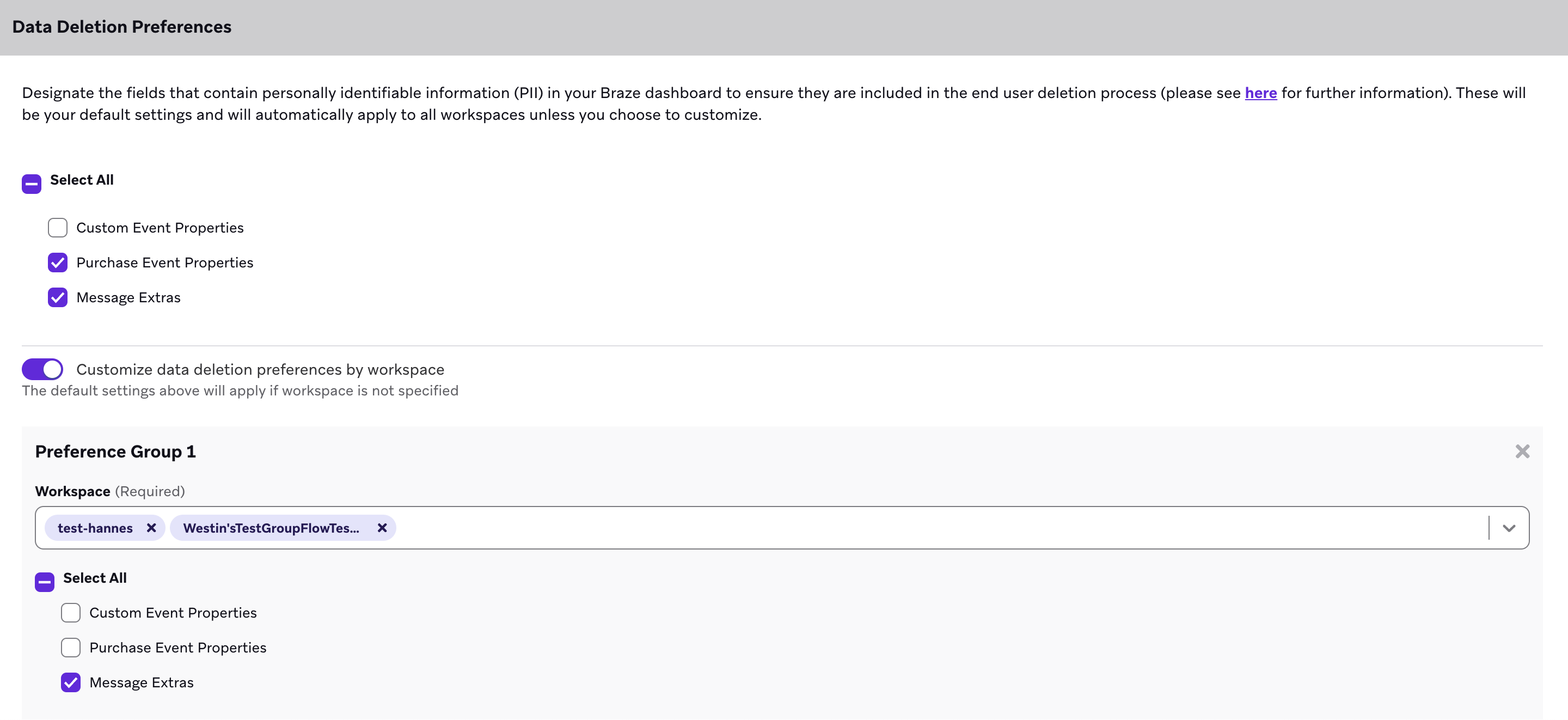 Data Deletion Preferences section with turned on toggle for customizing data deletion preferences by workspace.