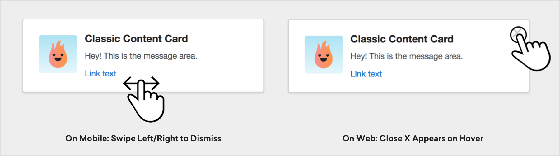 Image that shows swipe or close dismissal behaviors for a card