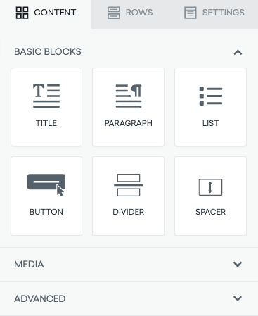 The 'Rows' tab that includes different structural combinations for your email layout.