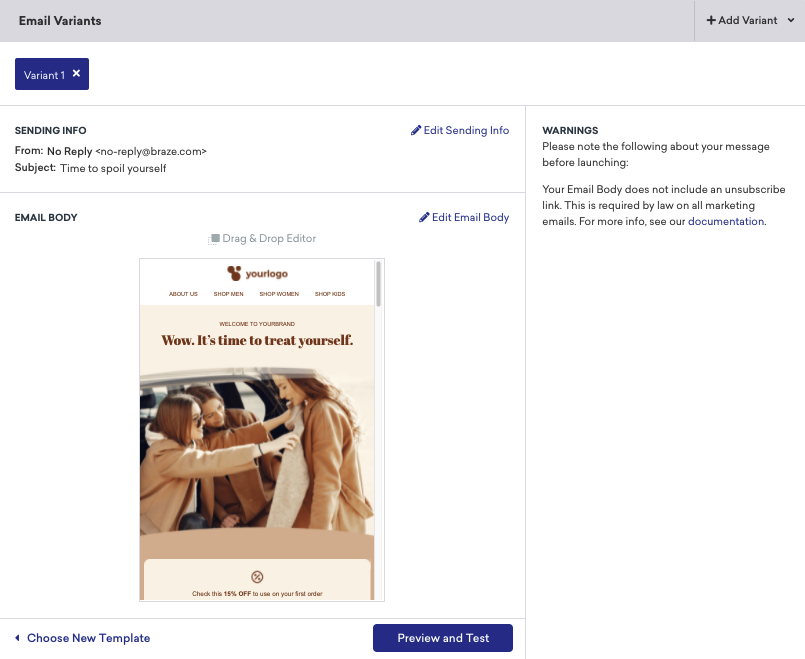 The "Email Variants" section with an example email body.