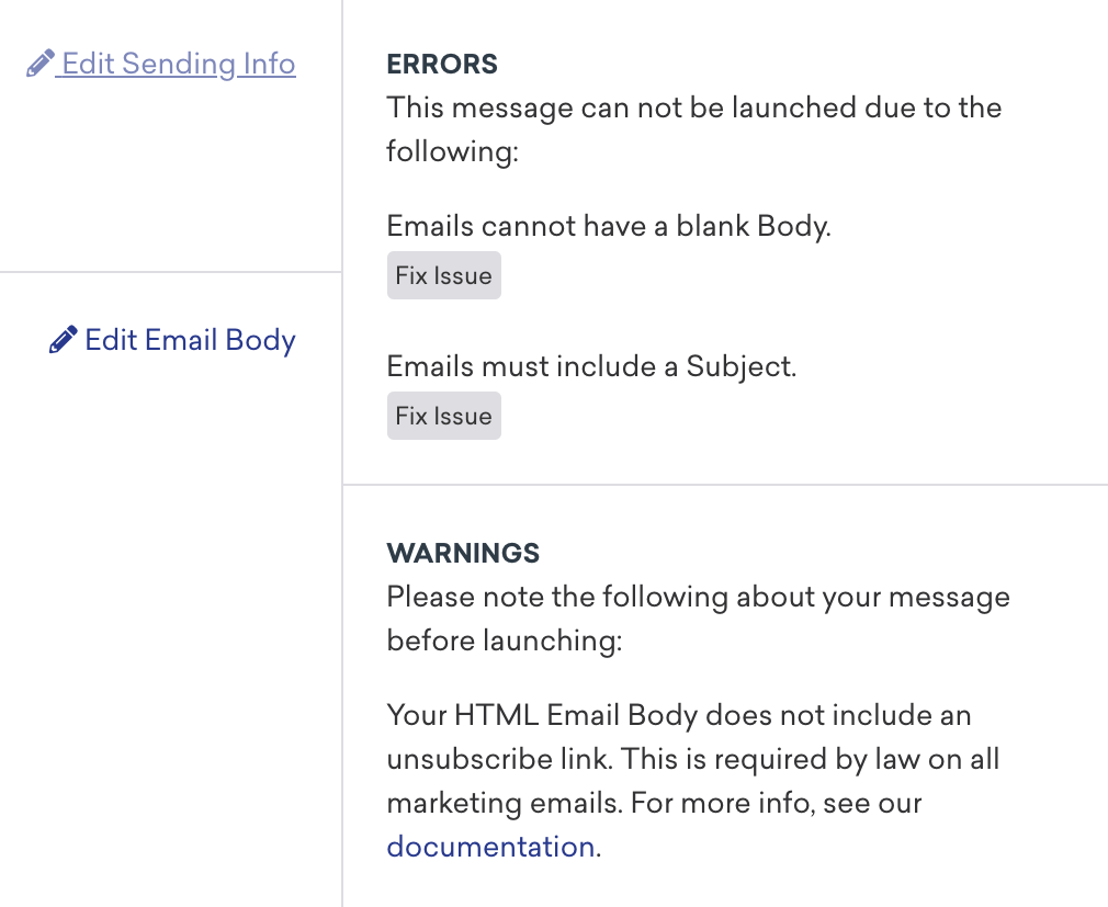 Errors and warnings list from an example email.