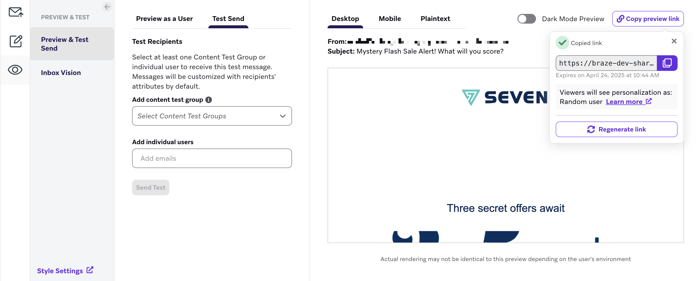 Email preview with a button to "Copy preview link" and copy the generated link.