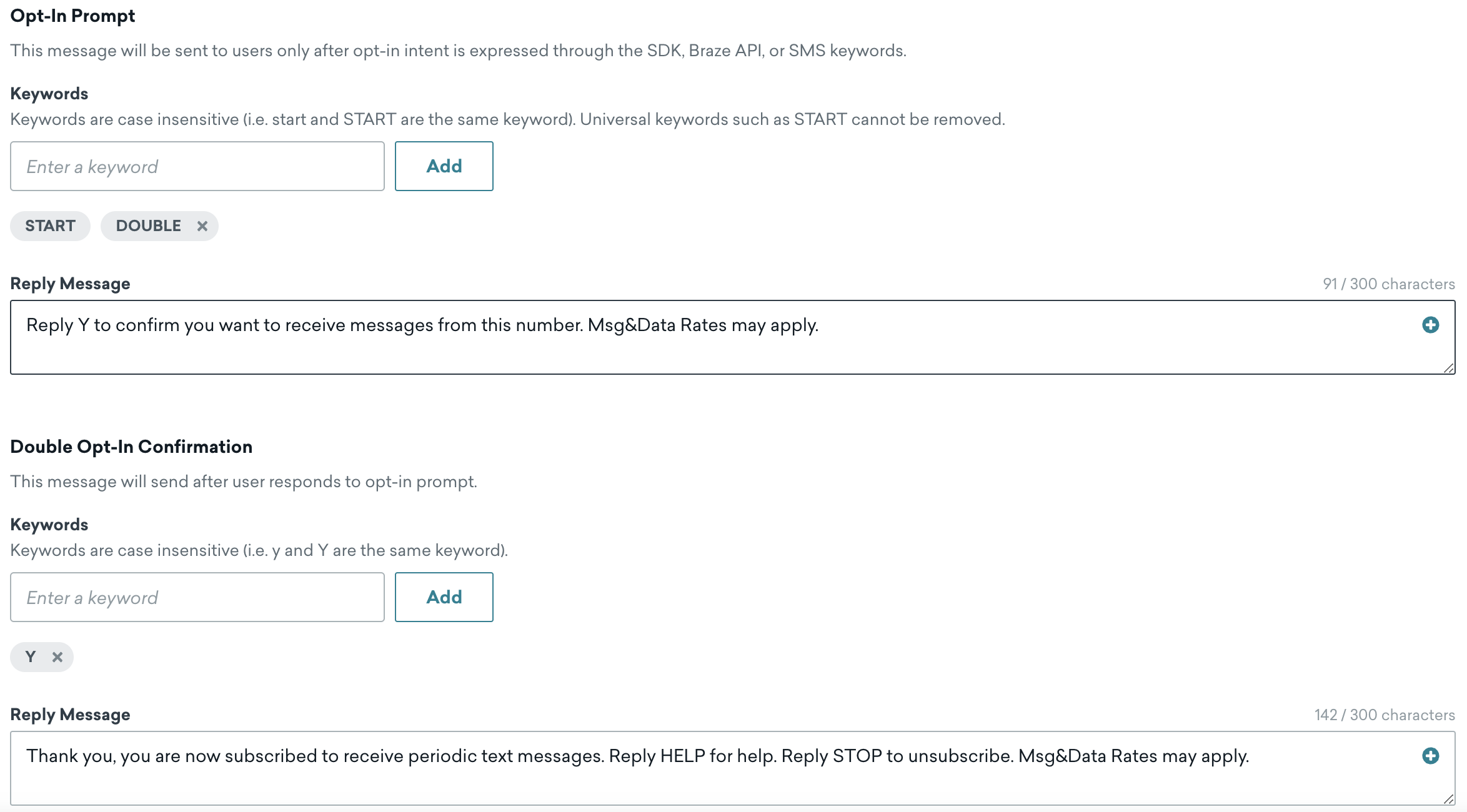 The configurable fields have two sections, Opt-In Prompt and Double Opt-In Confirmation, each with the fields Keywords and Reply Message.