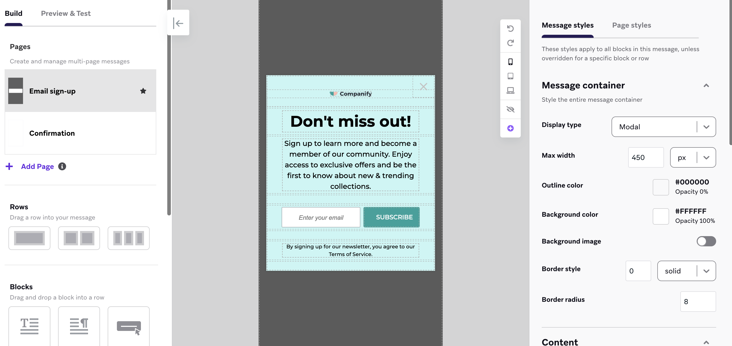 The in-app message editor with the template for an email sign-up form with confirmation page.